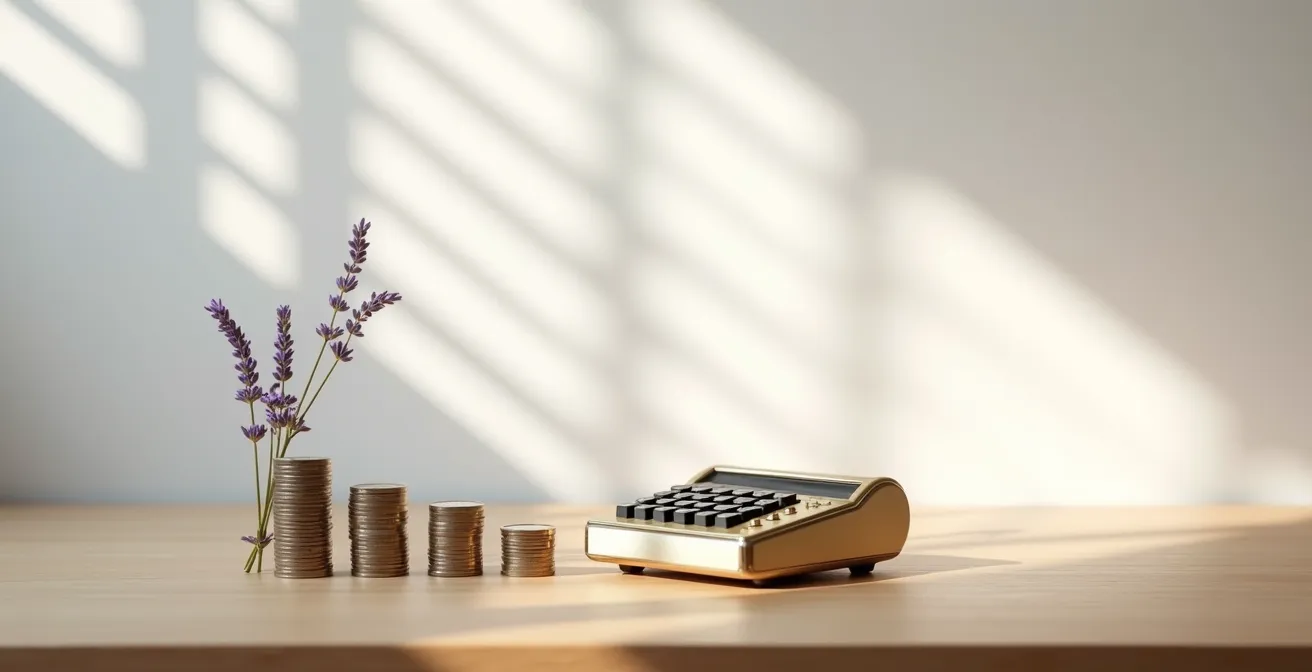 Bureau en bois avec calculatrice et pièces de monnaie