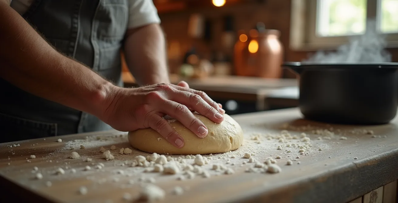 Mains pétrissant une pâte à pain près d'une cuisinière à bois