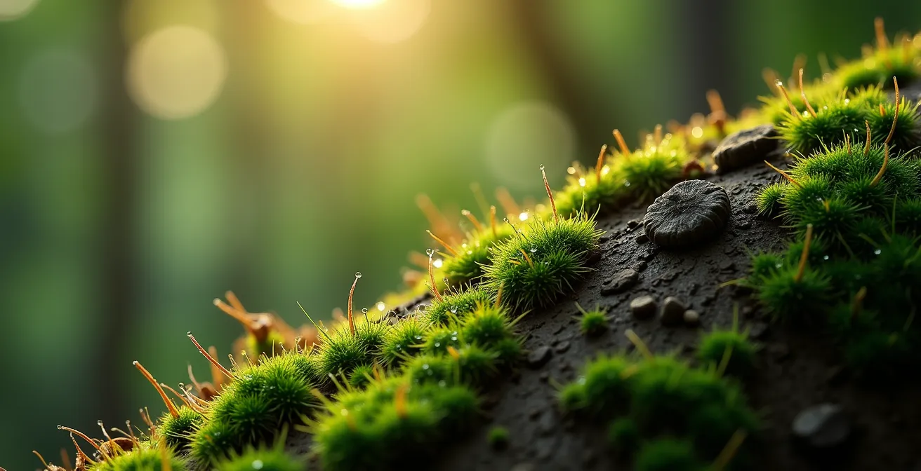 Détail macro de l'écorce d'un chêne avec mousse