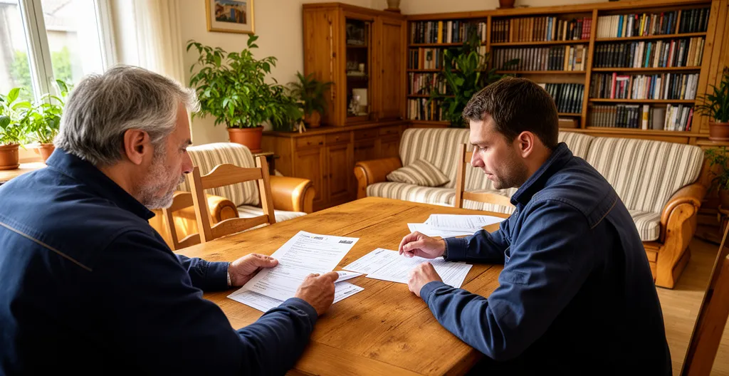 Propriétaire et chauffagiste examinant un devis de pompe à chaleur dans un salon