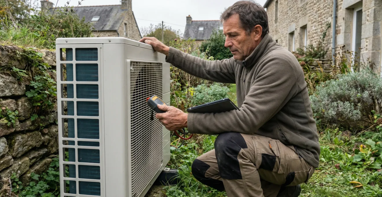 Chauffagiste RGE inspectant une pompe à chaleur extérieure dans un jardin résidentiel