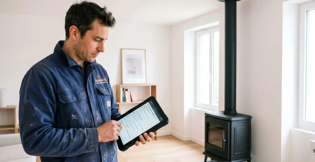 Installateur certifié RGE en veste de travail bleue contrôlant conformité installation sur tablette numérique devant poêle à bois neuf