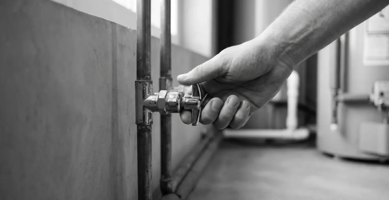 Main fermant une valve de coupe-eau dans un sous-sol résidentiel
