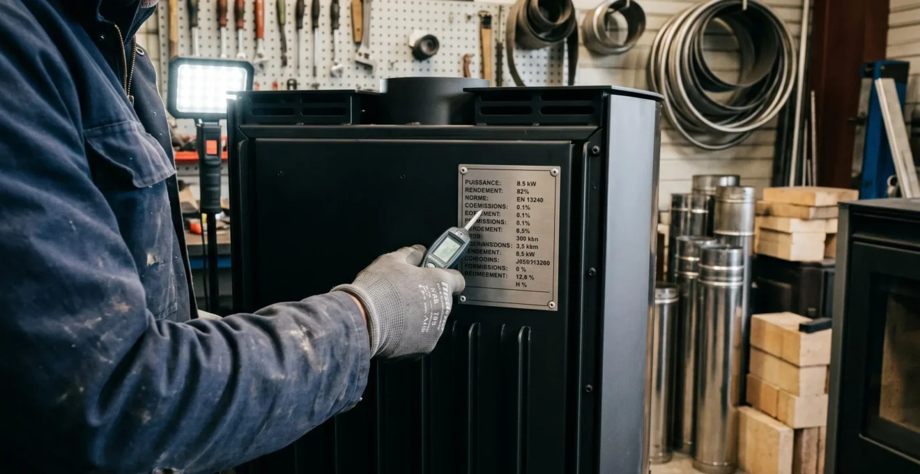 Main d'installateur en gant de travail pointant plaque signalétique technique d'un poêle à bois affichant puissance et rendement
