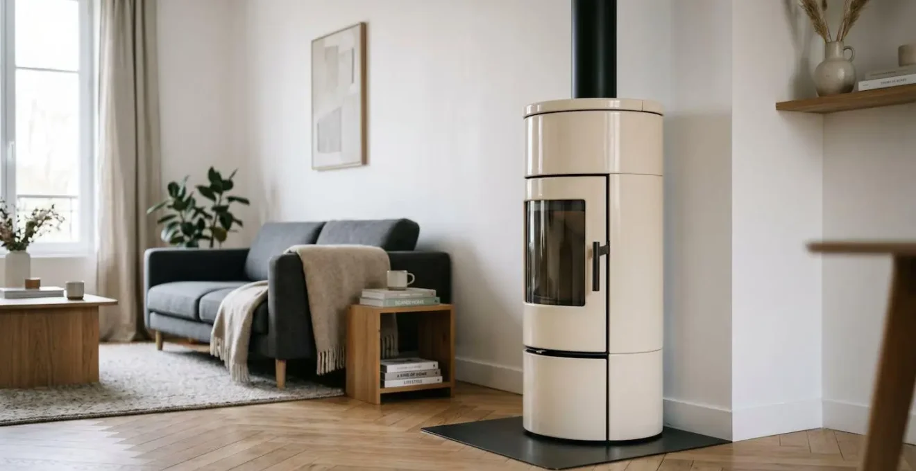 Salon contemporain lumineux avec appareil de chauffage en céramique crème installé sur parquet chêne clair, murs blancs, lumière naturelle douce