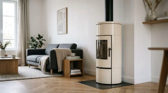 Salon contemporain lumineux avec appareil de chauffage en céramique crème installé sur parquet chêne clair, murs blancs, lumière naturelle douce