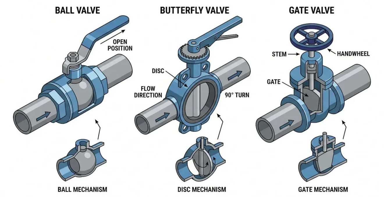 Trois types de valves de coupe-eau résidentielles illustrés