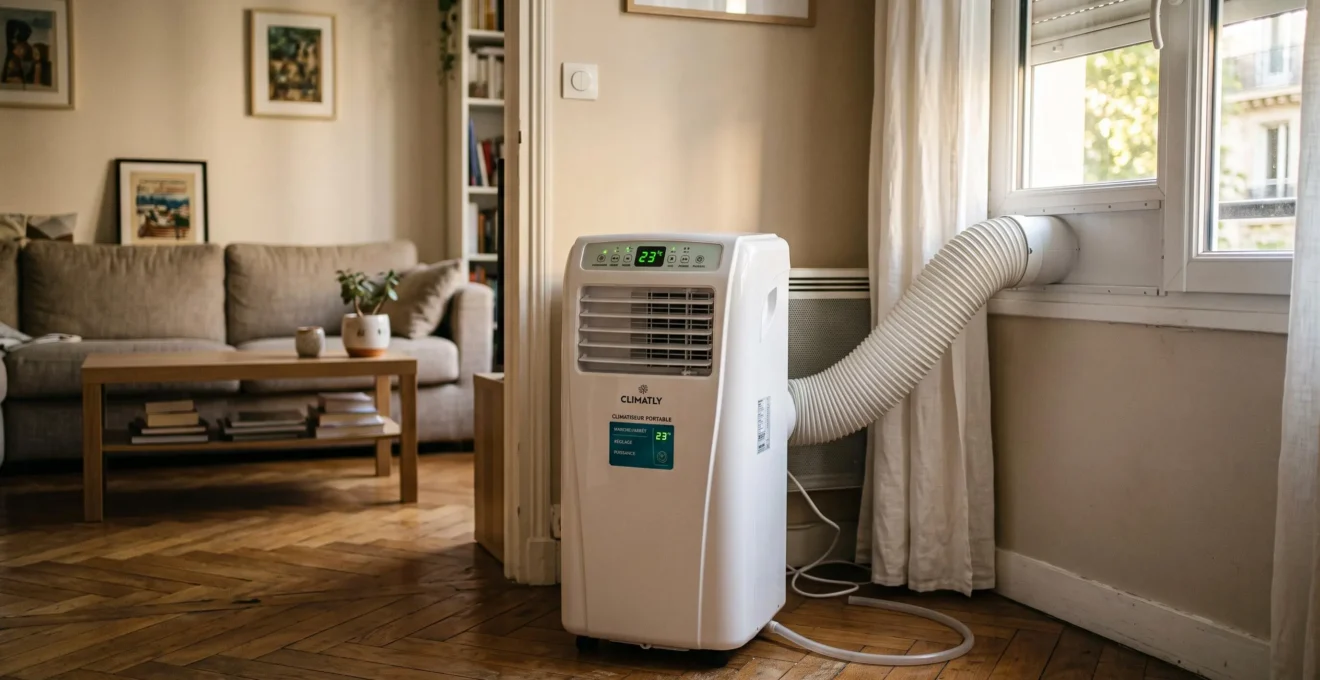 Climatiseur mobile blanc en fonctionnement dans un salon d'appartement français pendant l'été