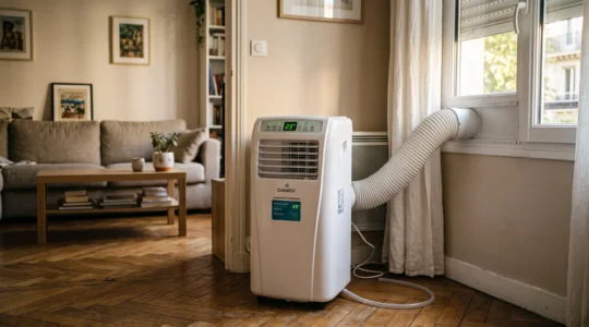 Climatiseur mobile blanc en fonctionnement dans un salon d'appartement français pendant l'été