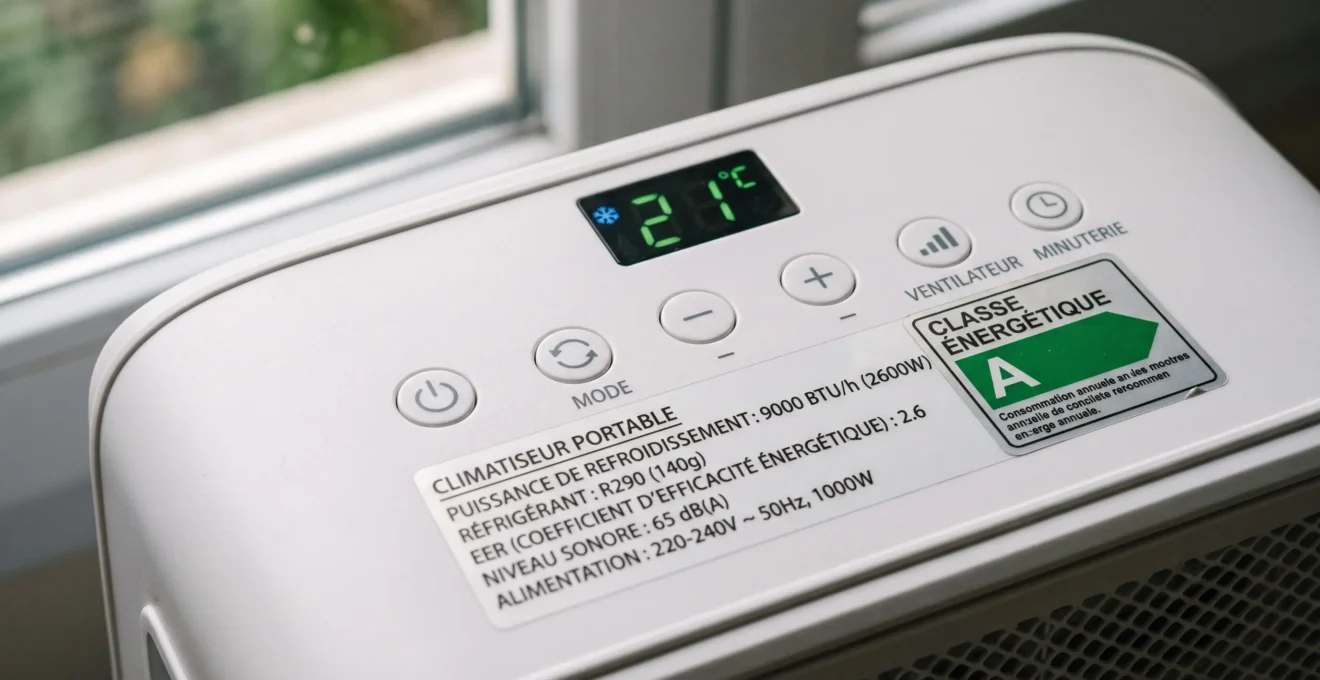 Gros plan sur le panneau de contrôle et l'étiquette énergétique d'un climatiseur mobile moderne