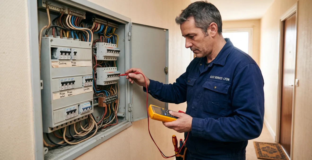 Électricien français inspectant un tableau électrique ancien avec un multimètre dans un logement résidentiel