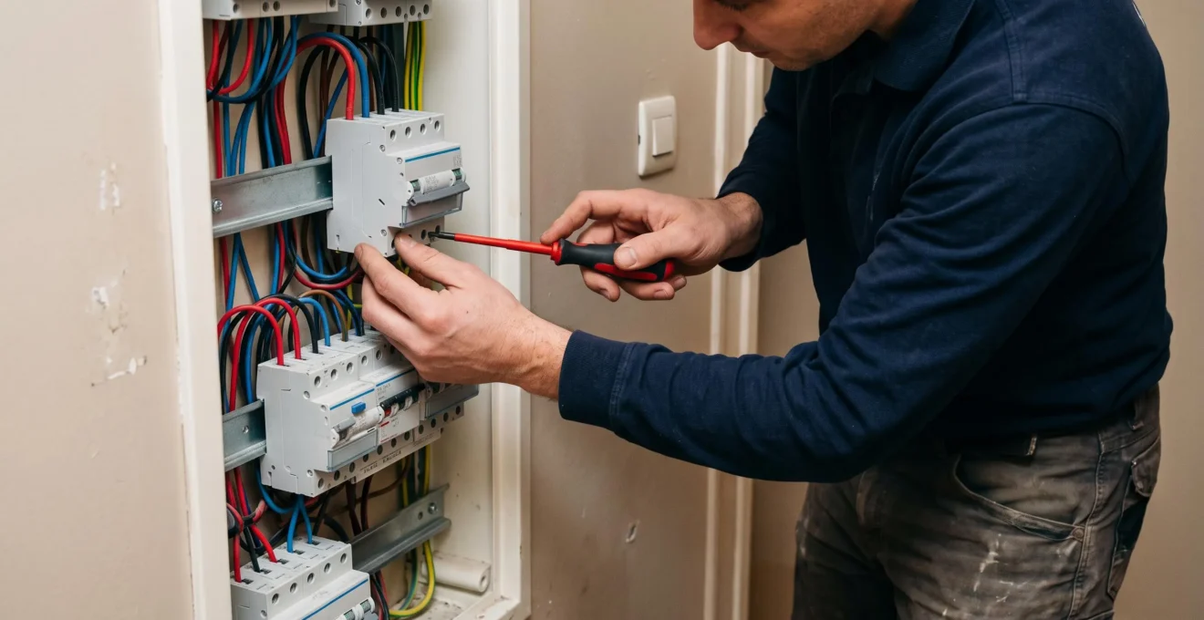 Électricien installant un nouveau disjoncteur dans un tableau électrique résidentiel français